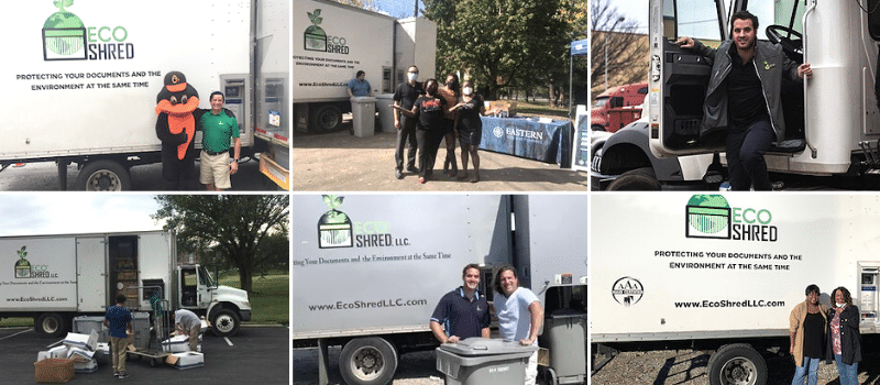 A collage of six images of people posed in front of the Eco-Shred Mobile Shredding Truck