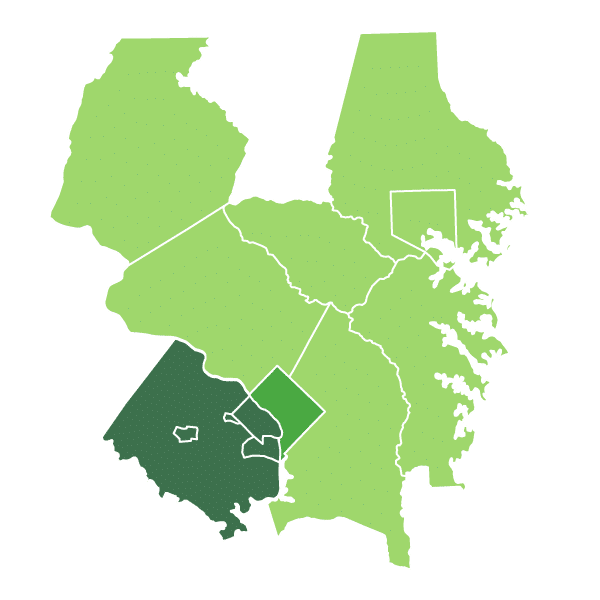 Graphic Map of Eco-Shred's Service Area showing various Counties in Maryland, Virginia and Washington D.C.