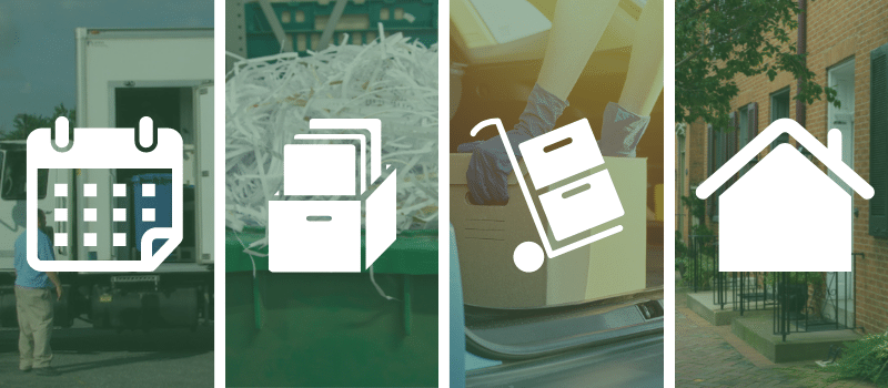 A collage of 4 images with a green tint to them and icons placed over them each representing a different service that EcoShred provides Scheduled Shredding, Purge Shredding, Drop Off Shredding and Residential Shredding