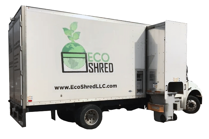 An image of Eco-Shred's Mobile Shredding Truck with their logo printed on the side